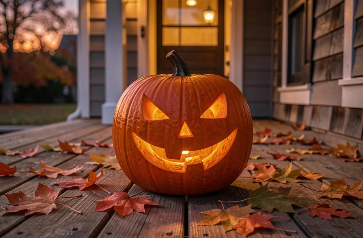 Citrouille d'Halloween sculptée et éclairée sur un perron en automne