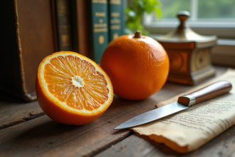 Clementine fraîche sur une table ancienne avec couteau et livres de cuisine