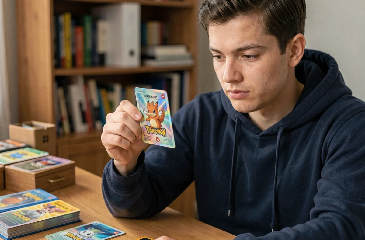 Jeune collectionneur tenant une rare carte Pokémon holographique et l'examinant attentivement à son bureau