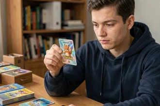 Jeune collectionneur tenant une rare carte Pokémon holographique et l'examinant attentivement à son bureau