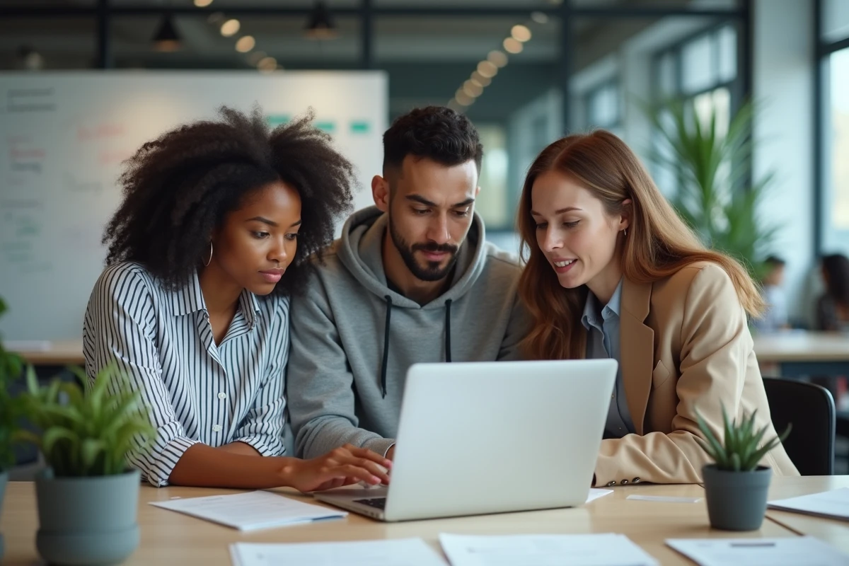 Groupe de collègues analysant ensemble des témoignages sur Gadrov publiés sur les réseaux sociaux