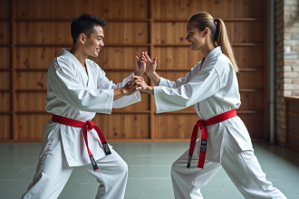 Jeunes adultes en sparring de karaté en gym