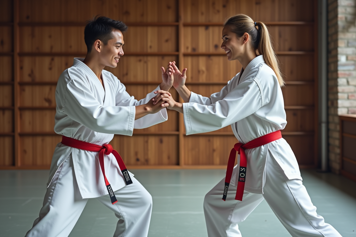 Jeunes adultes en sparring de karaté en gym