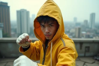 Un combattant en combinaison jaune usée en position de combat sur un toit urbain en ruines, illustrant l'univers de One Punch Man