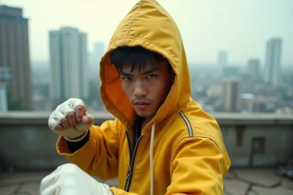 Un combattant en combinaison jaune usée en position de combat sur un toit urbain en ruines, illustrant l'univers de One Punch Man