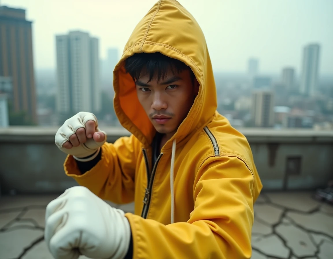 Un combattant en combinaison jaune usée en position de combat sur un toit urbain en ruines, illustrant l'univers de One Punch Man