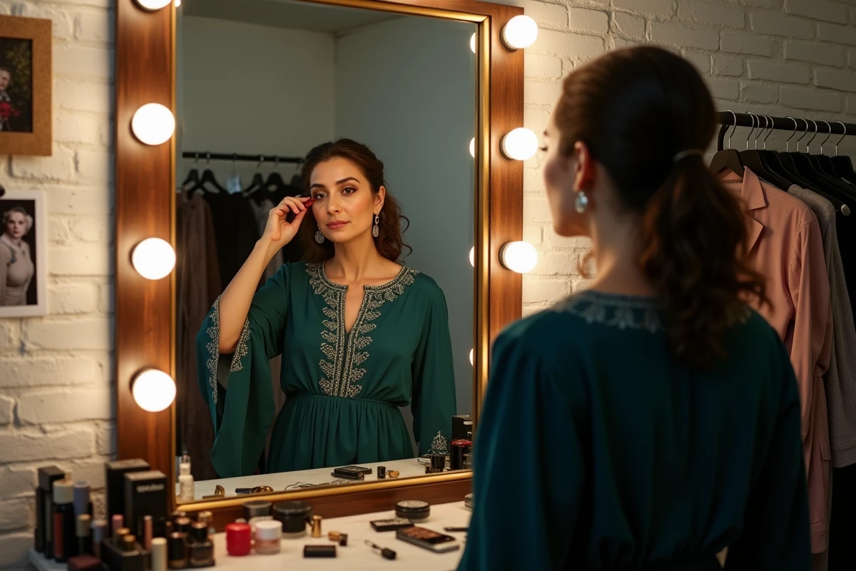 Comédienne en coulisses d'un théâtre se préparant avant un spectacle, reflet dans le miroir d'une loge de scène nationale