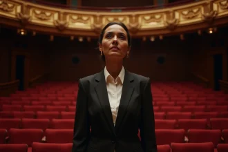 Femme comédienne sur la scène d'un théâtre français classique, représentant le parcours artistique de Dreux à la scène nationale