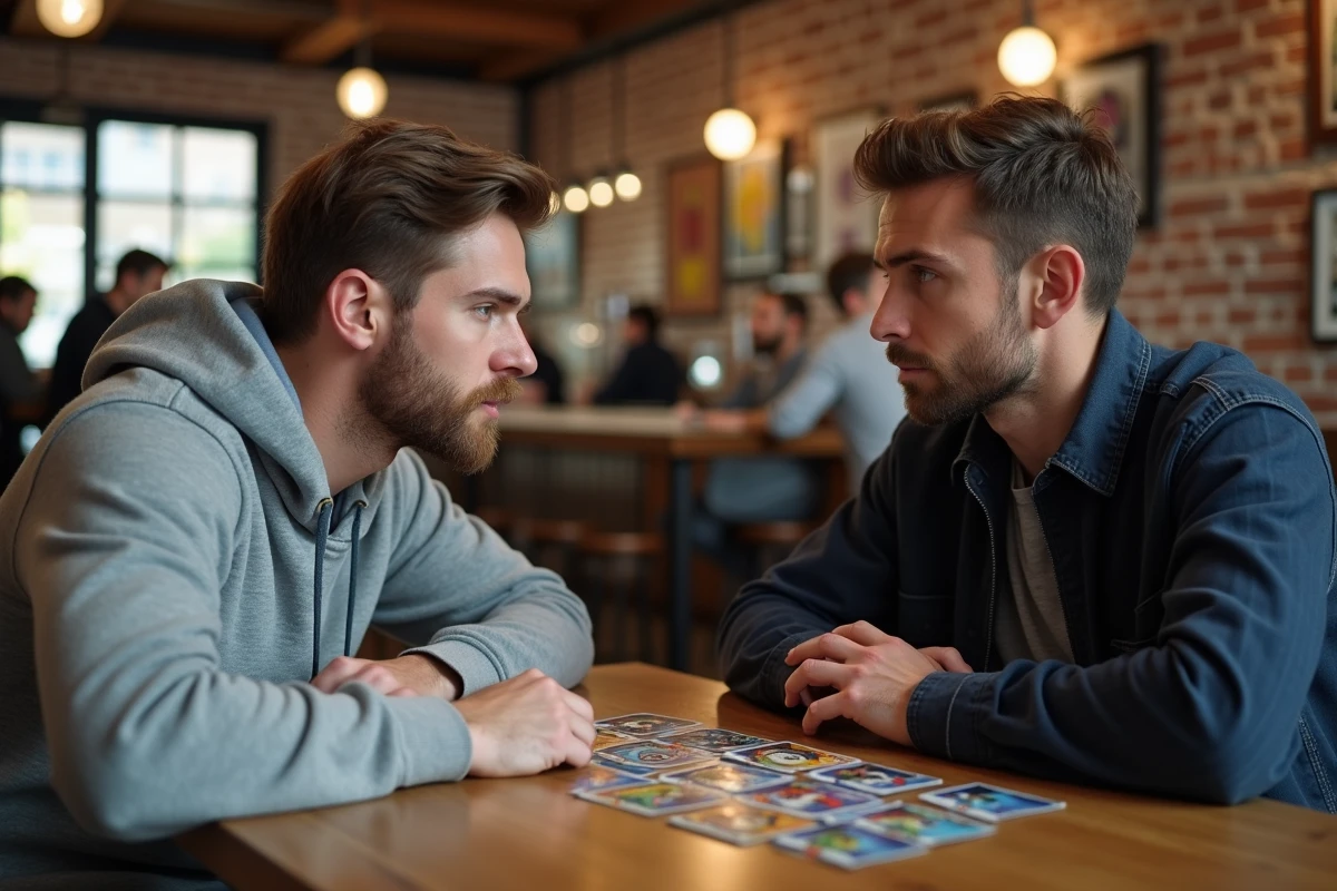 Deux collectionneurs comparant des cartes de trading dans un café, discussion animée sur l'investissement entre carte individuelle et display complet