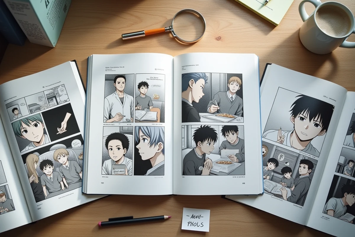 Vue en plongée de volumes manga Hunter x Hunter ouverts côte à côte avec des captures d'écran de l'anime pour comparer les différences visuelles du personnage Biscuit Krueger