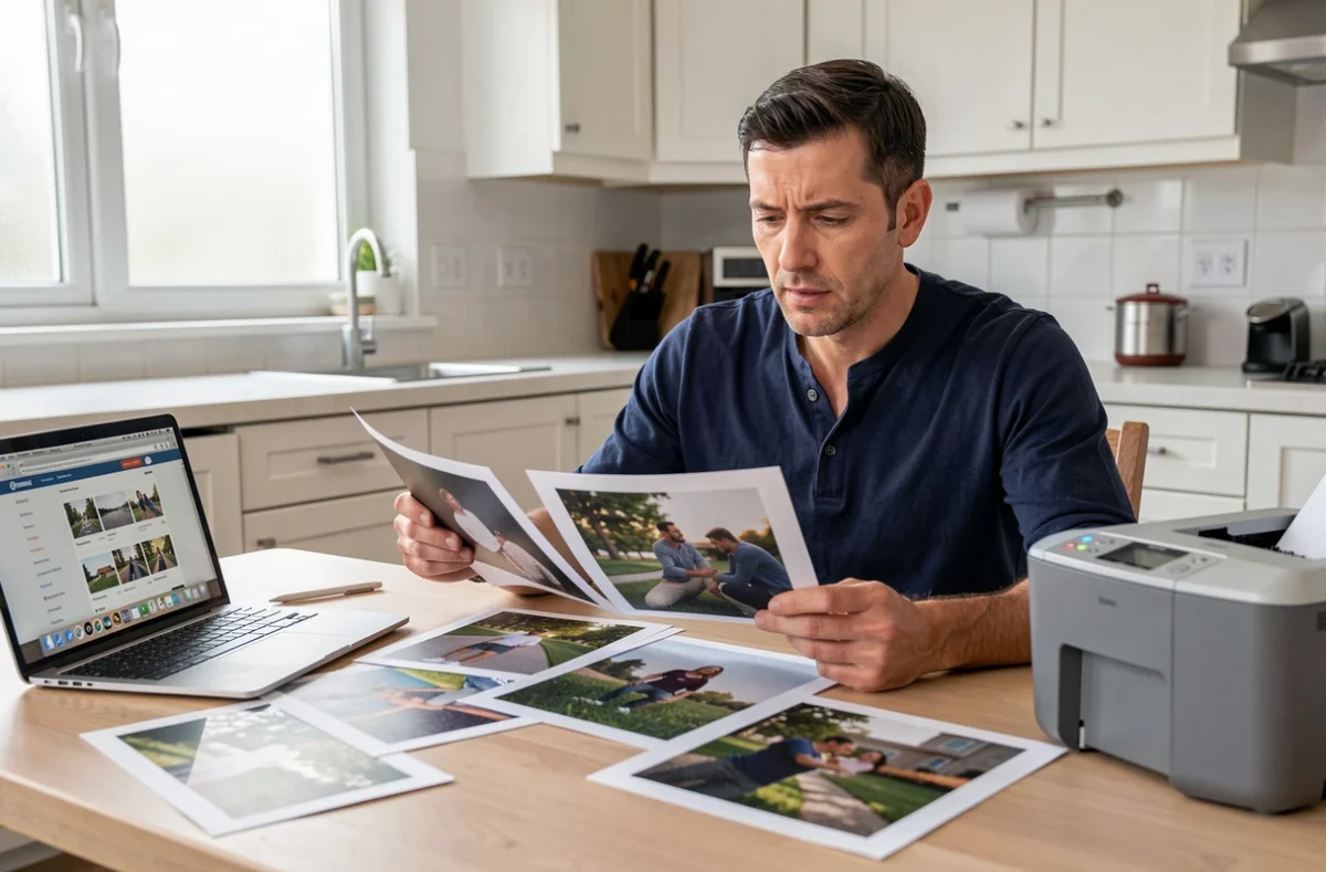 Homme comparant des photos imprimées sur une table de cuisine avec une imprimante photo et un ordinateur portable