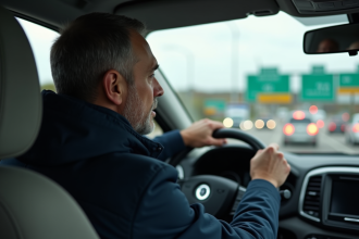 Homme au volant d'une voiture moderne sur l'autoroute française