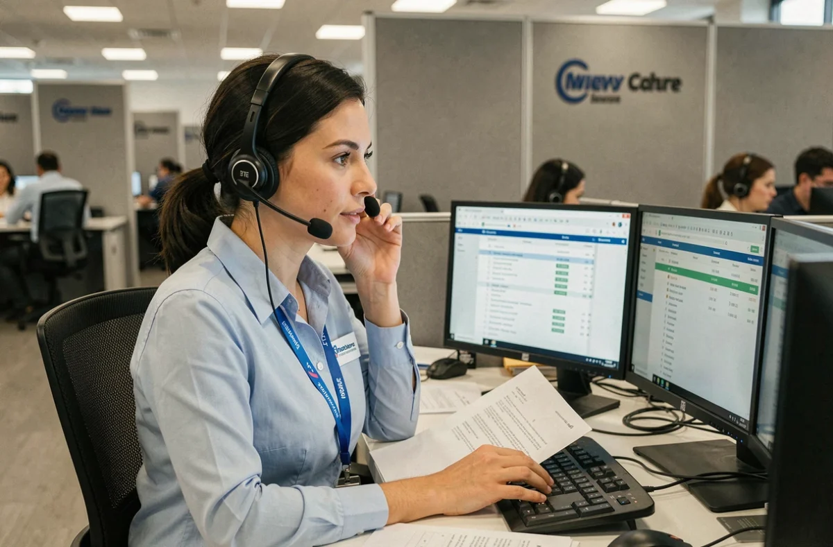 Conseillère du service client dans un centre logistique traitant un dossier de colis frauduleux au téléphone