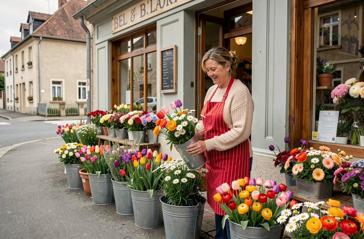 Fleuriste de proximité Coquelicot arrangeant des fleurs de saison devant sa boutique colorée à Belfort