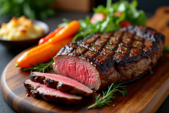 Côte de boeuf tranchée sur planche en bois rustique avec légumes