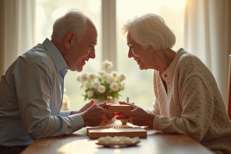 Couple d'une soixantaine d'années échangeant des cadeaux gravés