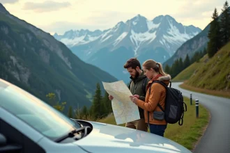Jeune couple en montagne étudie une carte en plein air