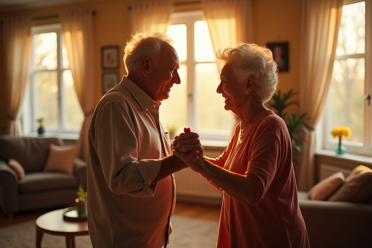 Couple de seniors dansant dans leur salon chaleureux