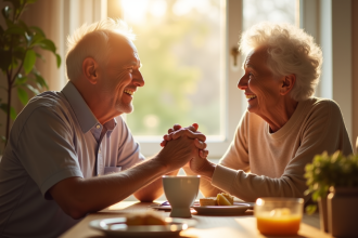 Couple de seniors riant lors d'un petit déjeuner ensoleille