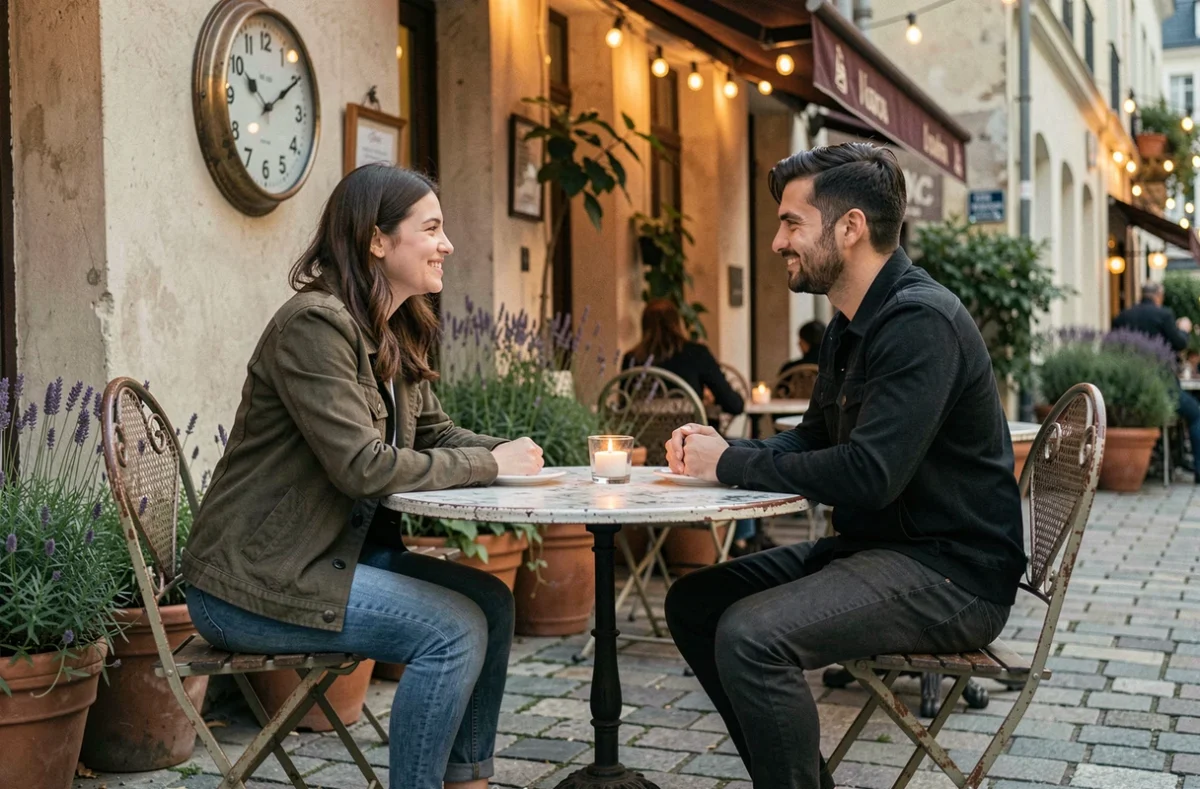 Couple souriant remarquant ensemble l'heure miroir 21h21 sur une horloge dans un café parisien en terrasse