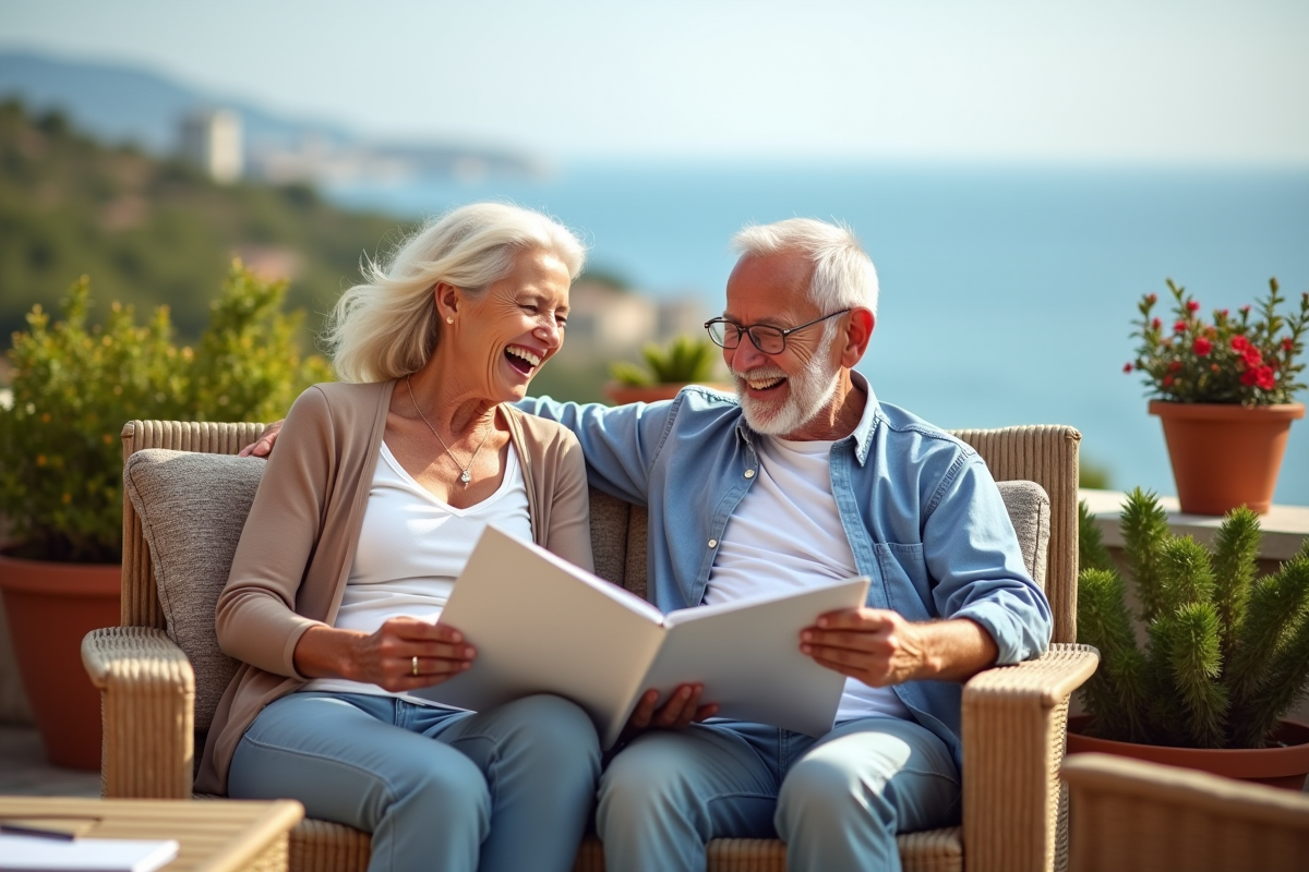 Couple senior souriant sur une terrasse en vacances