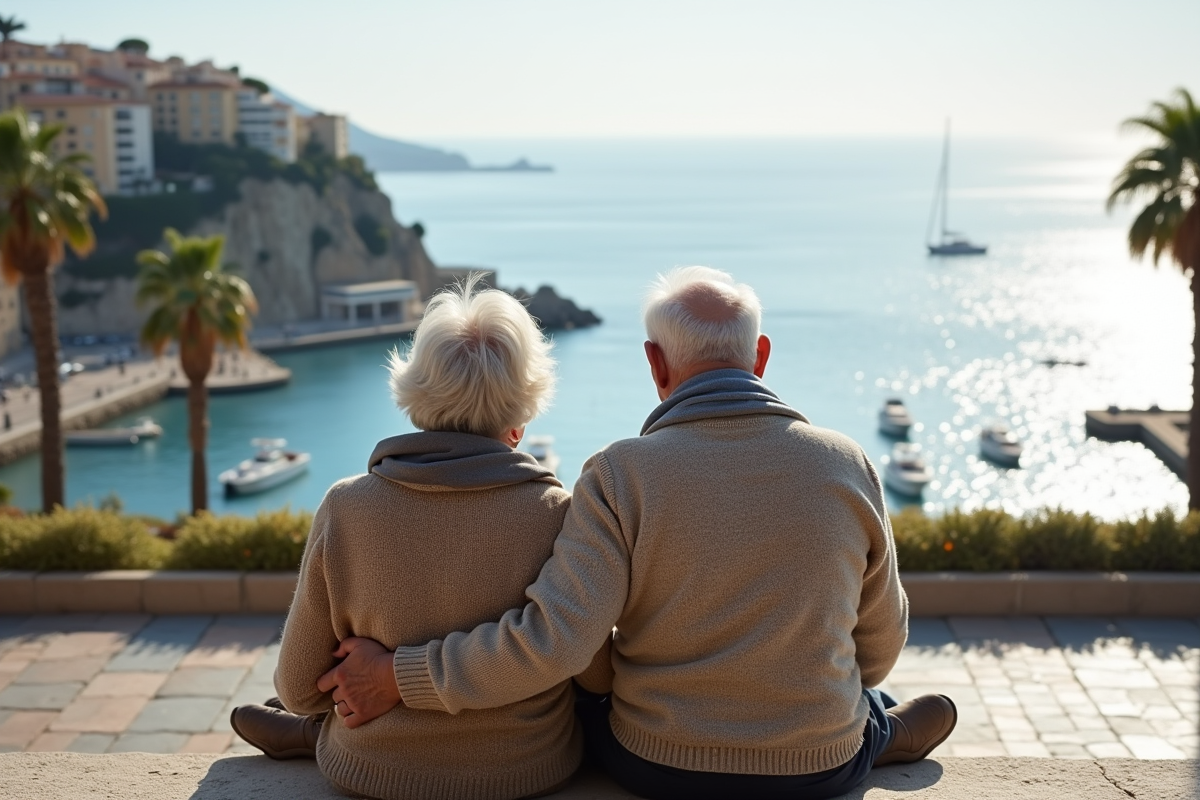 Couple âgé assis sur un banc face à la mer à Nice
