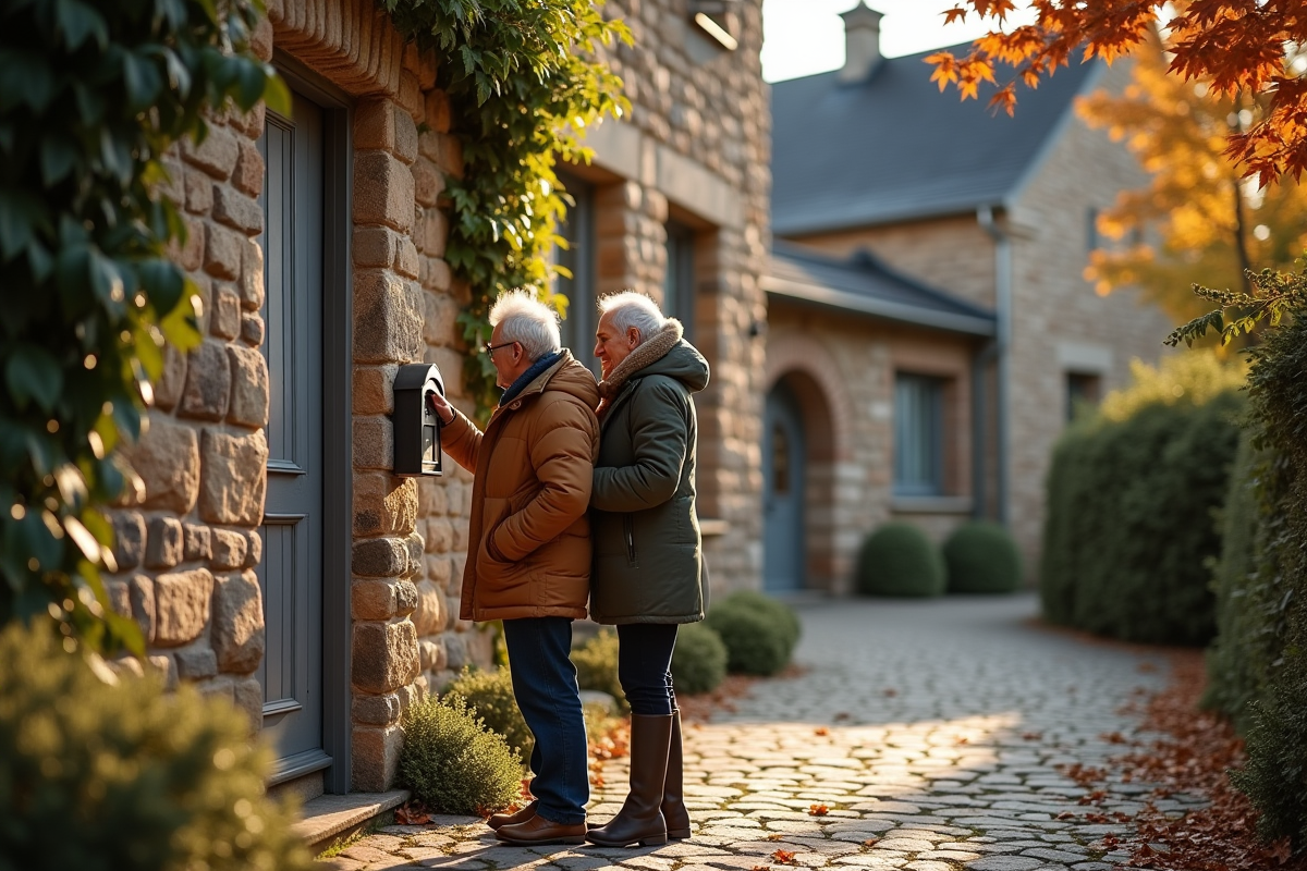 Couple âgé devant une maison en pierre dans un village français