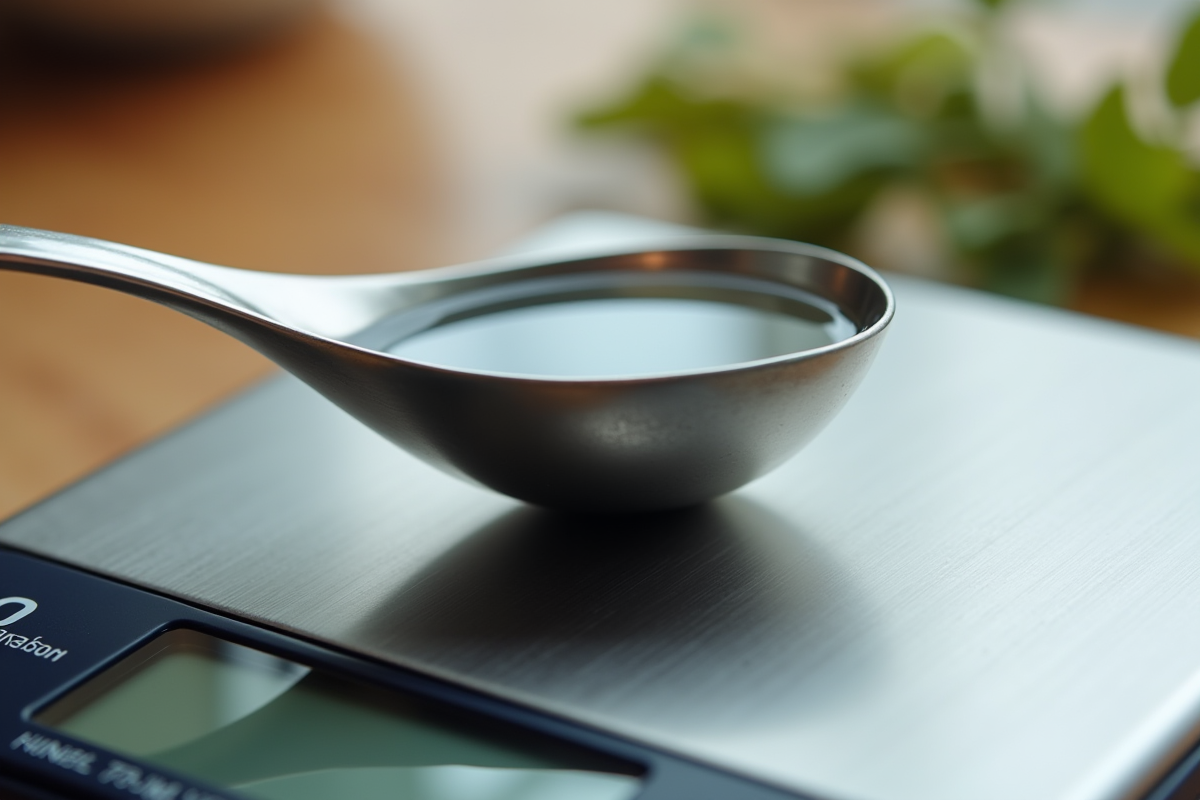 Cuillère à thé en acier remplie d'eau sur une balance