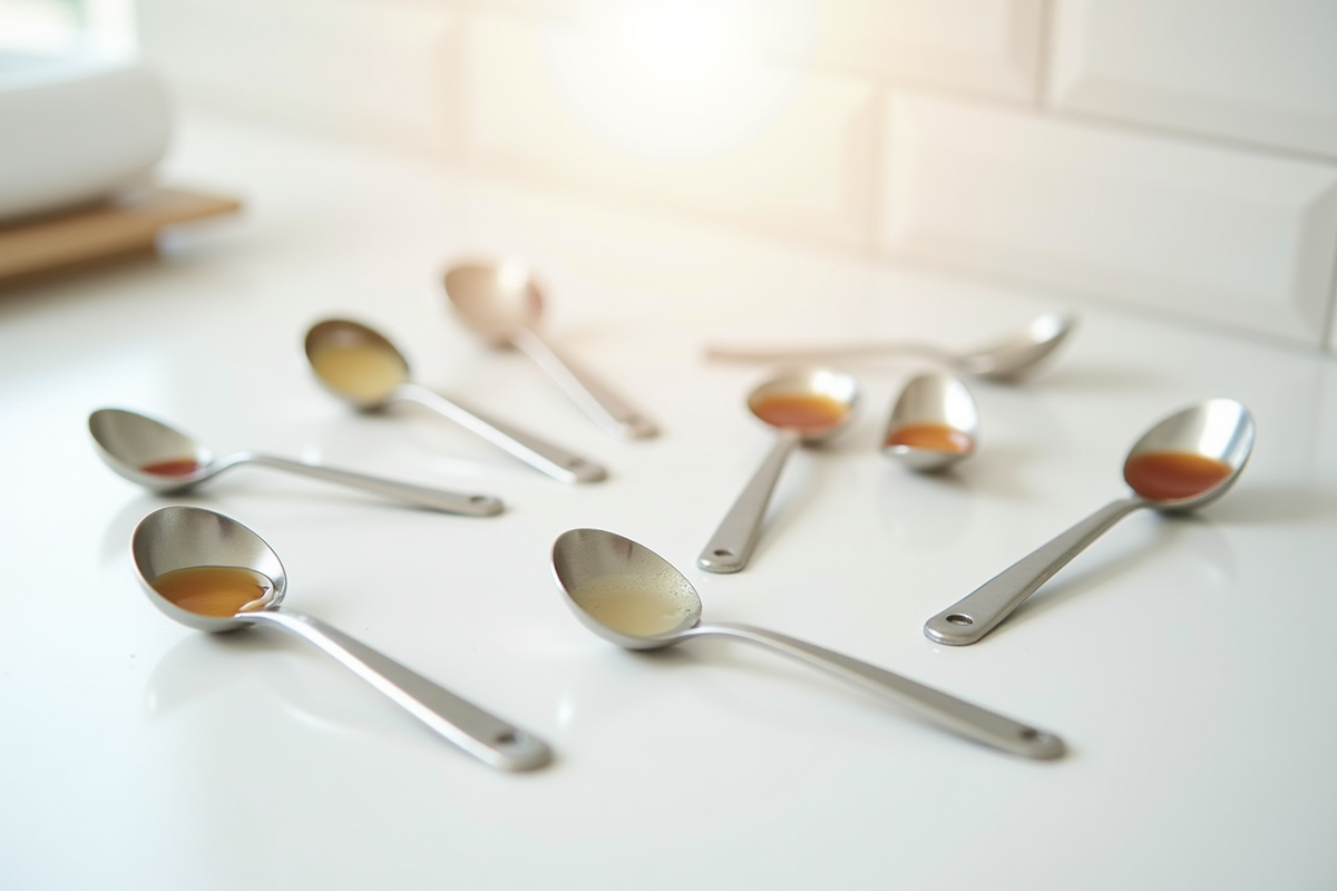Plusieurs cuillères de mesure avec liquides sur un plan de travail blanc