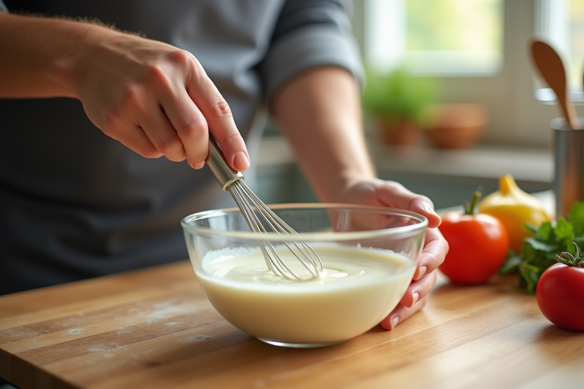 Chef fouettant la creme dans un bol en bois clair