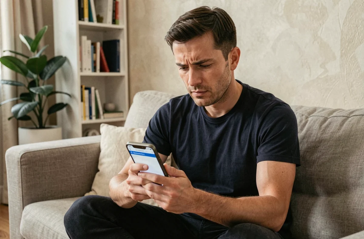 Homme sur canapé cherchant à accéder à un site mobile sans redirection depuis son smartphone