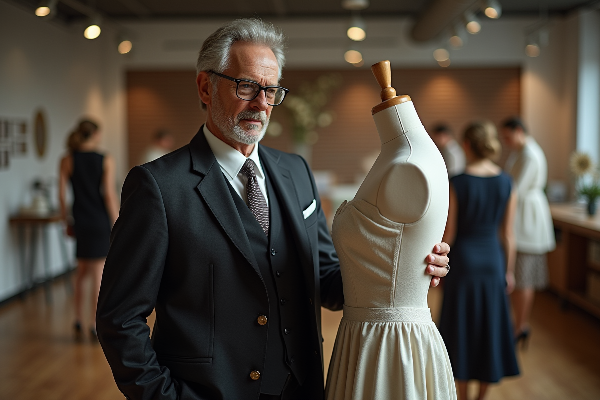 Designer ajustant un mannequin en robe de soirée vintage