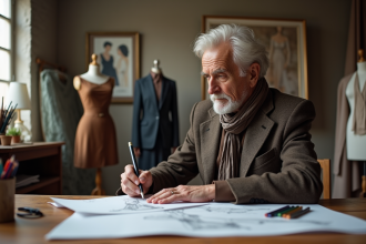 Designer mode senior esquissant dans son atelier de couture