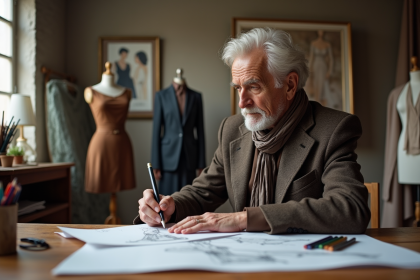 Designer mode senior esquissant dans son atelier de couture