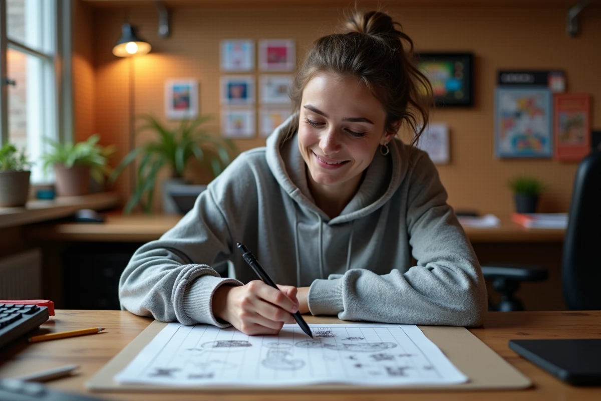 Jeune femme dessinant des personnages en pixel art sur papier quadrillé dans un studio créatif à domicile