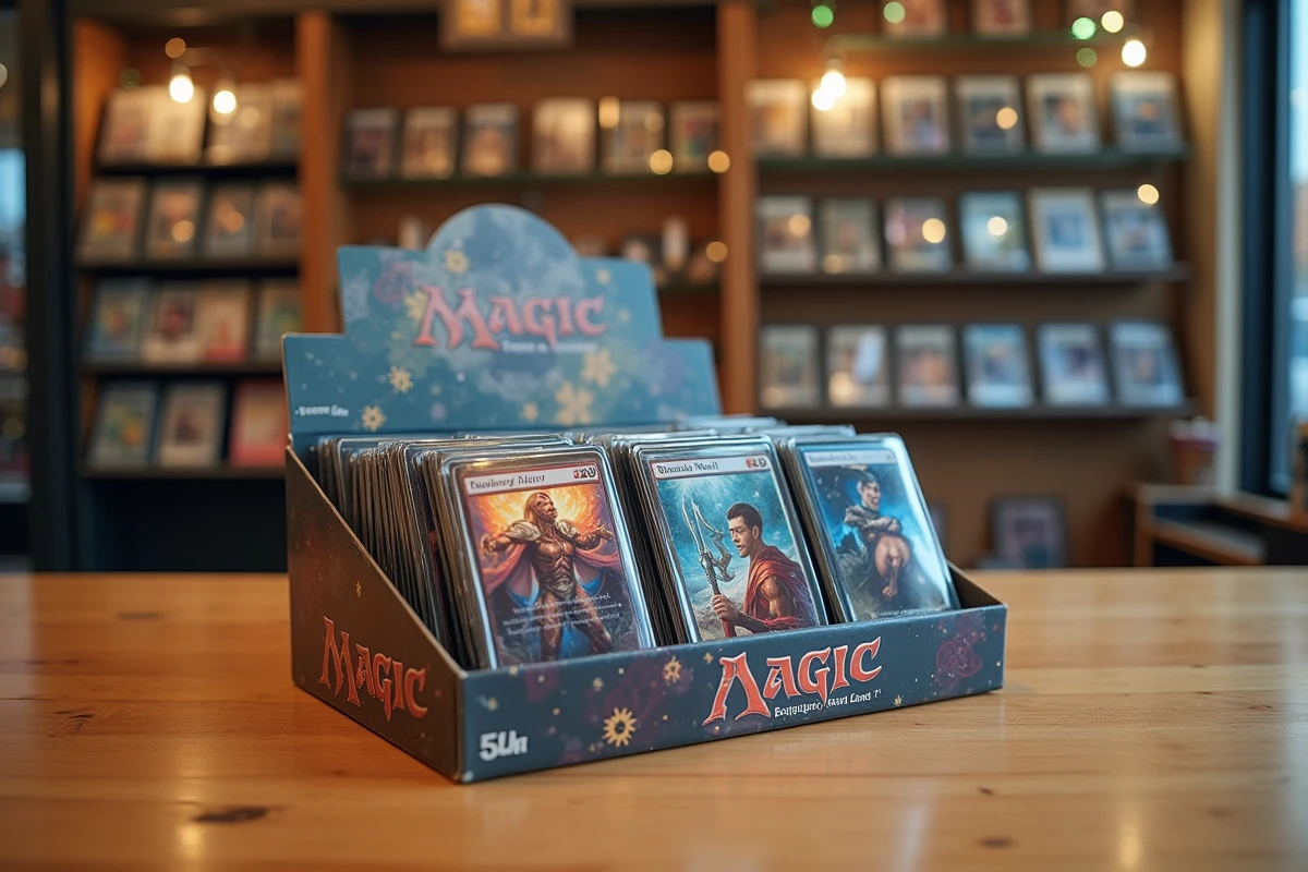 Display complet de cartes Couronne Stellaire ouvert sur une table en bois dans une boutique spécialisée, cartes étalées révélant leurs finitions holographiques