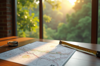 Document légal avec carte et règle sur une table en bois