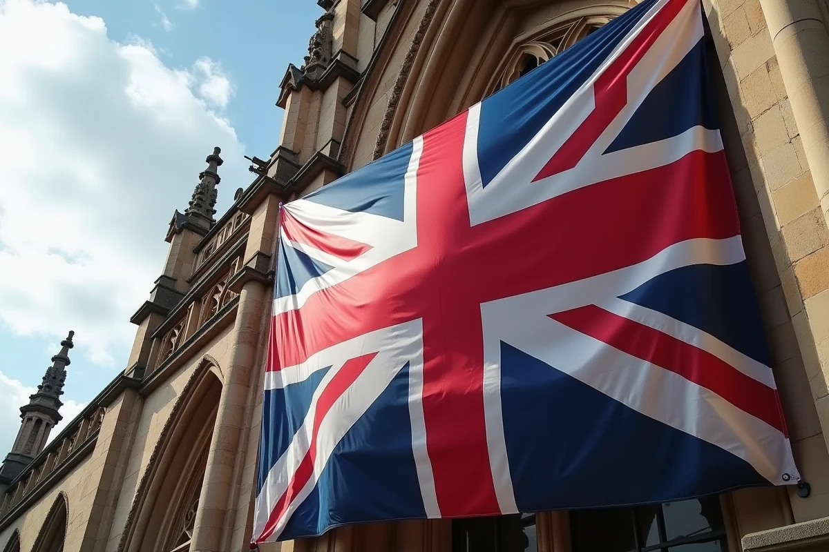 Drapeau du Royaume-Uni Union Jack flottant sur un bâtiment en pierre à Londres