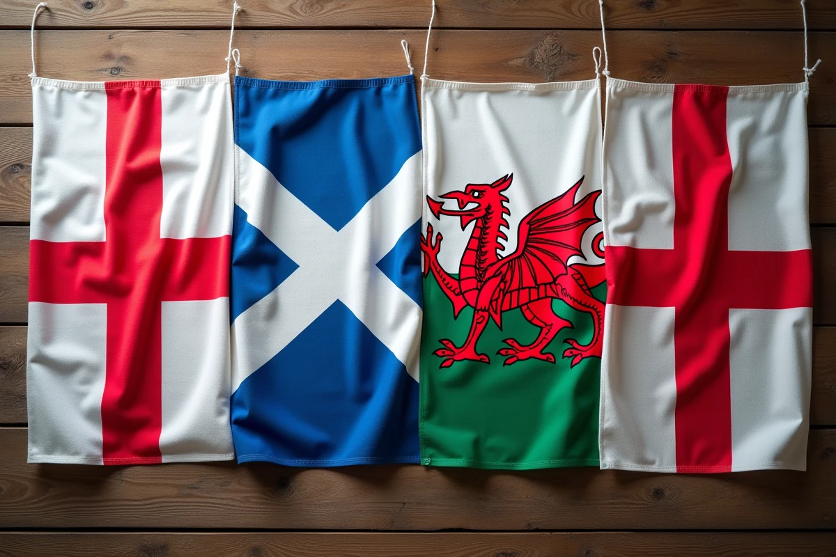 Les quatre drapeaux constitutifs du Royaume-Uni posés sur une table en chêne pour comparaison visuelle