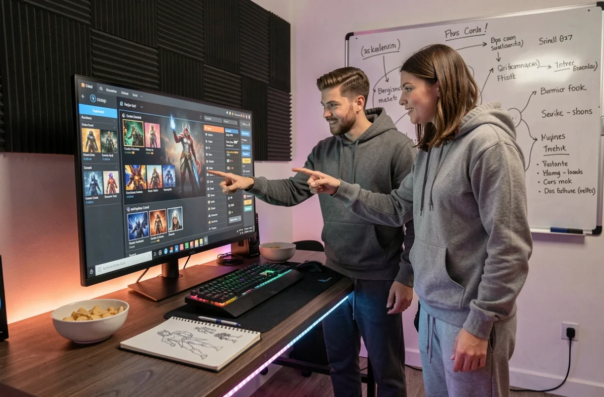 Deux joueurs discutant de builds et d'idoles dans une salle de jeu dédiée devant un grand écran