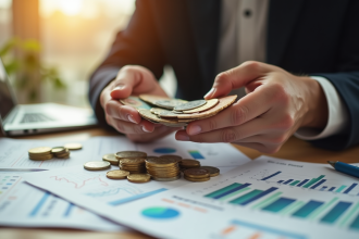 Mains échangeant des devises et pièces sur un bureau ensoleillé