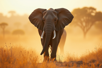 Eléphant africain marchant dans la savane ensoleillee