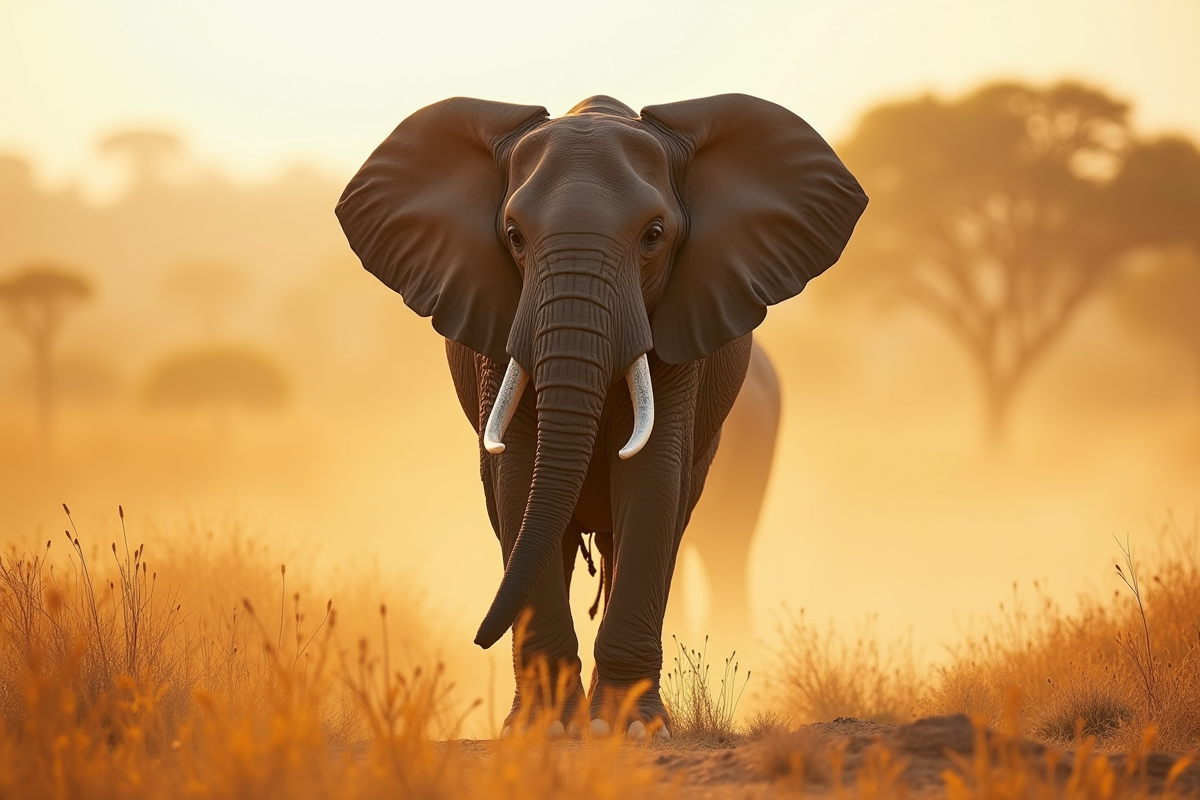 Eléphant africain marchant dans la savane ensoleillee