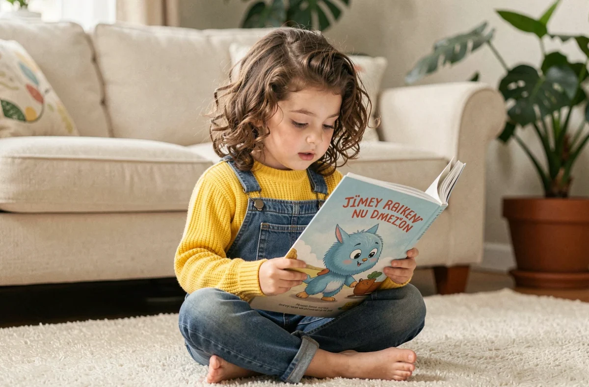Fillette lisant un livre illustré avec le personnage de Tchoupie dans un salon confortable