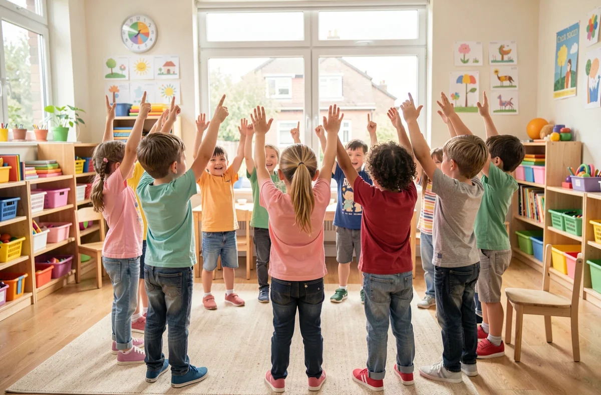 Enfants de maternelle en cercle mimant une comptine en classe