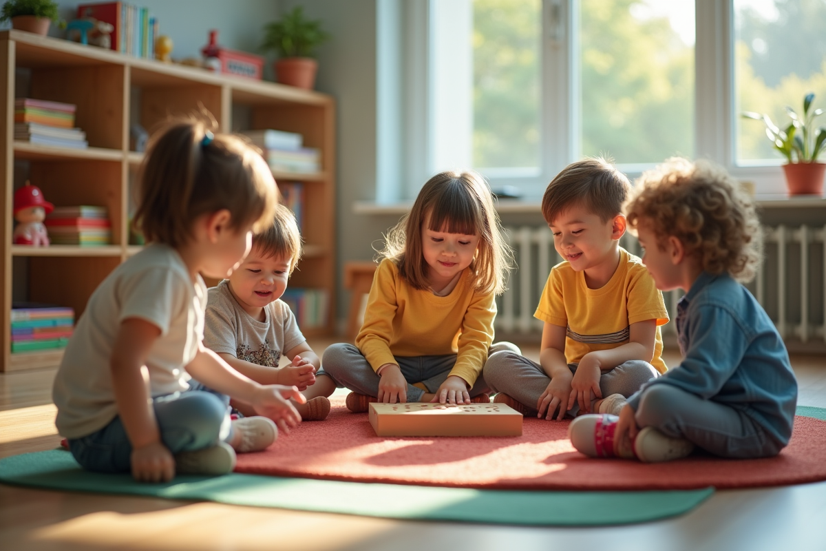 Enfants d age préscolaire jouant ensemble dans une classe moderne
