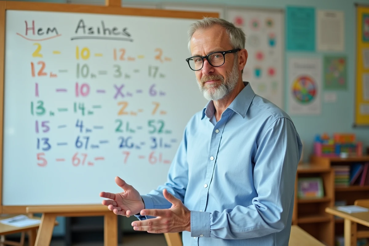Enseignant expliquant le tableau de conversion litre cm3 au tableau dans une salle de classe primaire