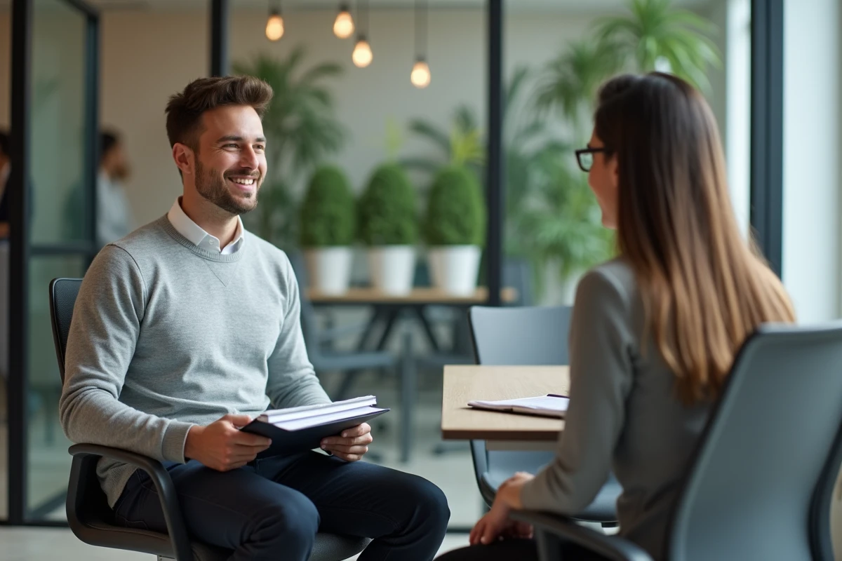 Jeune homme en entretien professionnel présentant son CV à un recruteur dans un bureau moderne vitré