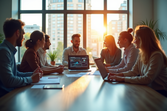 Equipe diverse collaborant dans un bureau lumineux