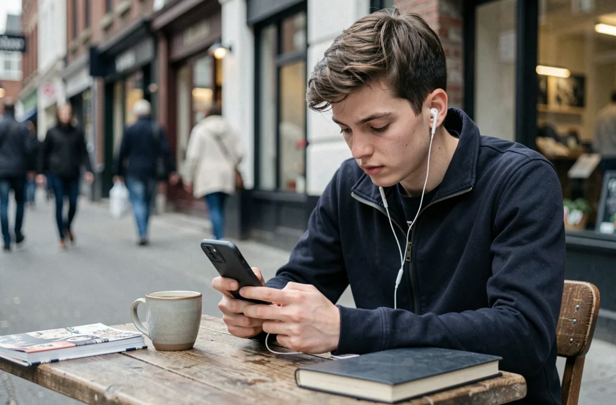 Étudiant lisant un scan One Piece sur mobile en terrasse de café sans publicités intrusives grâce à une application dédiée